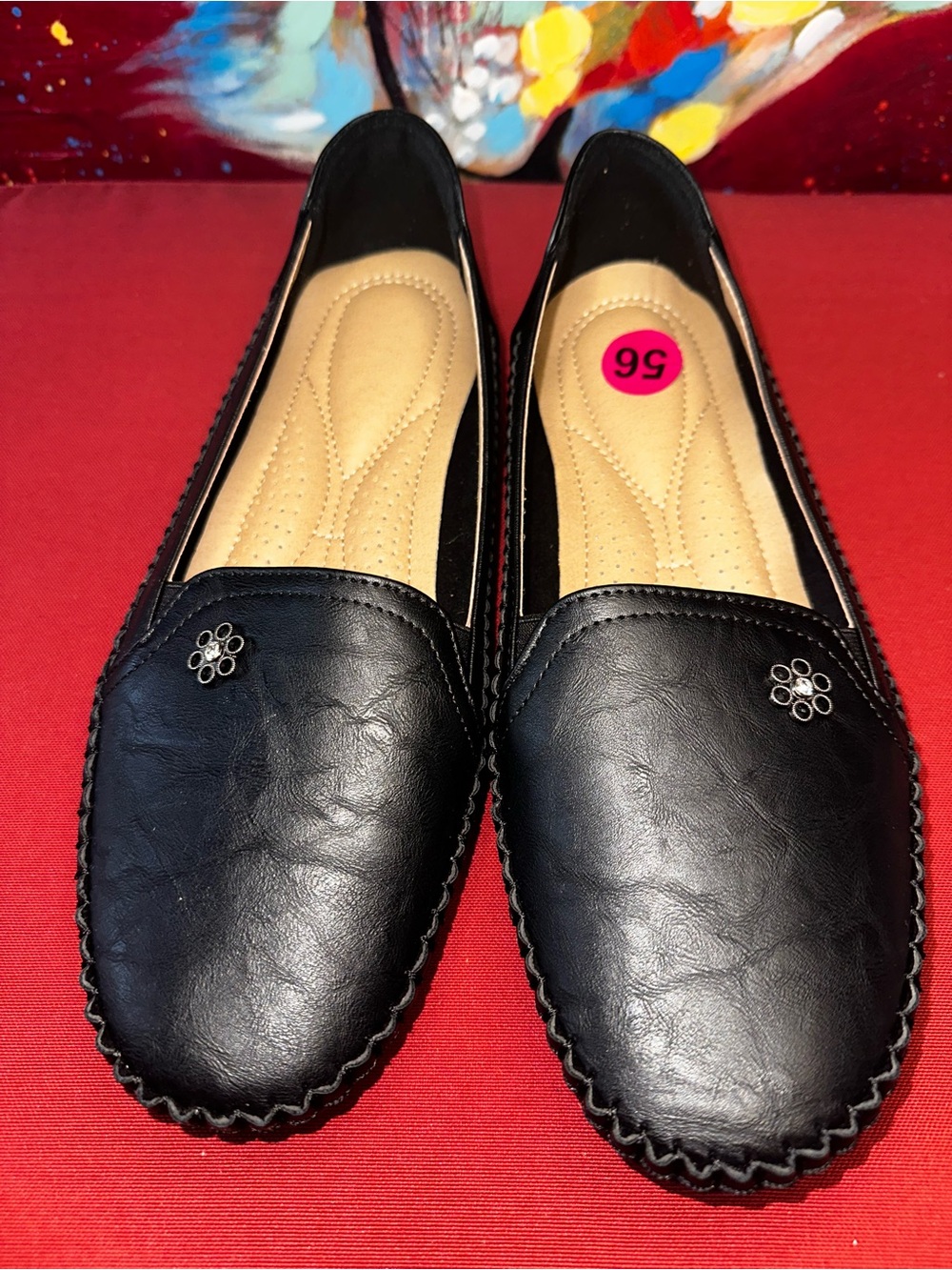 No.56 Black Faux Leather Floral Embellished Moccasin Loafers Size 43